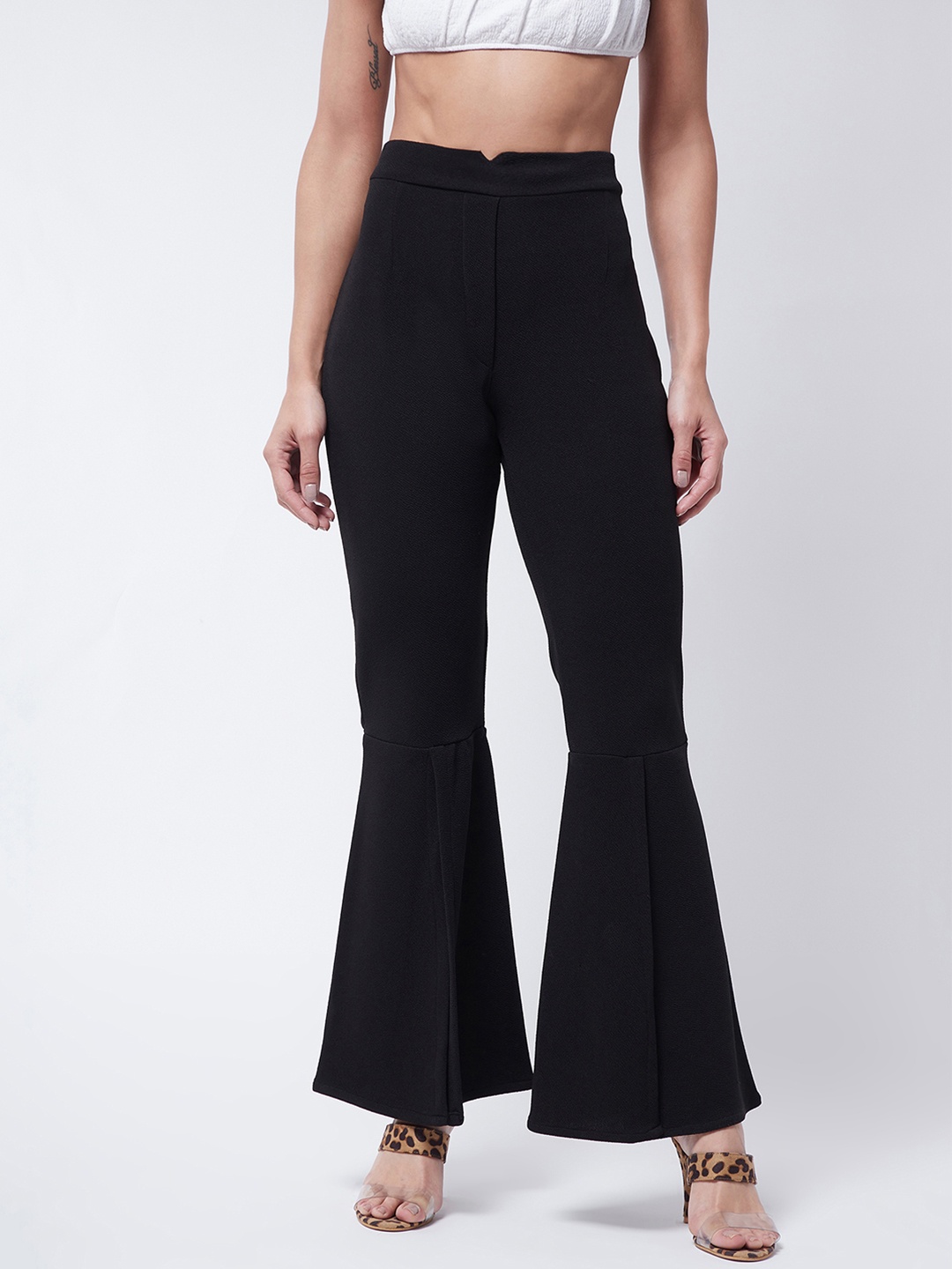 

Purple Feather Women Black Solid Flared High-Rise Bootcut Trousers