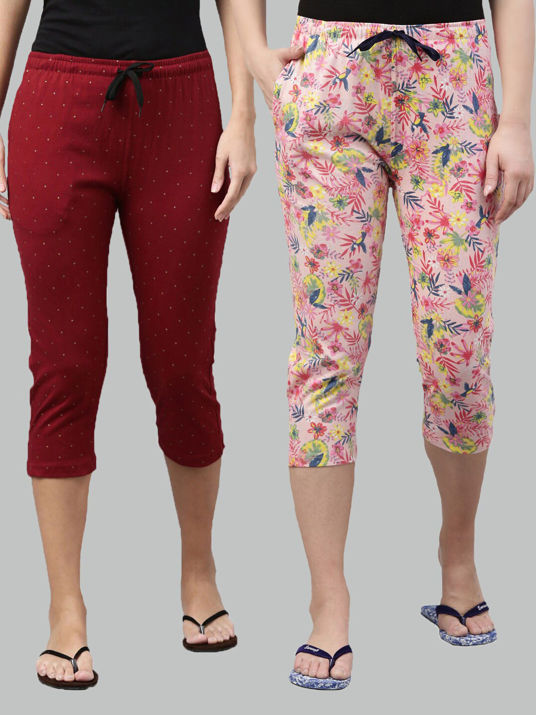 

Kryptic Women Pack Of 2 Printed Pure Cotton Lounge Capris, Maroon