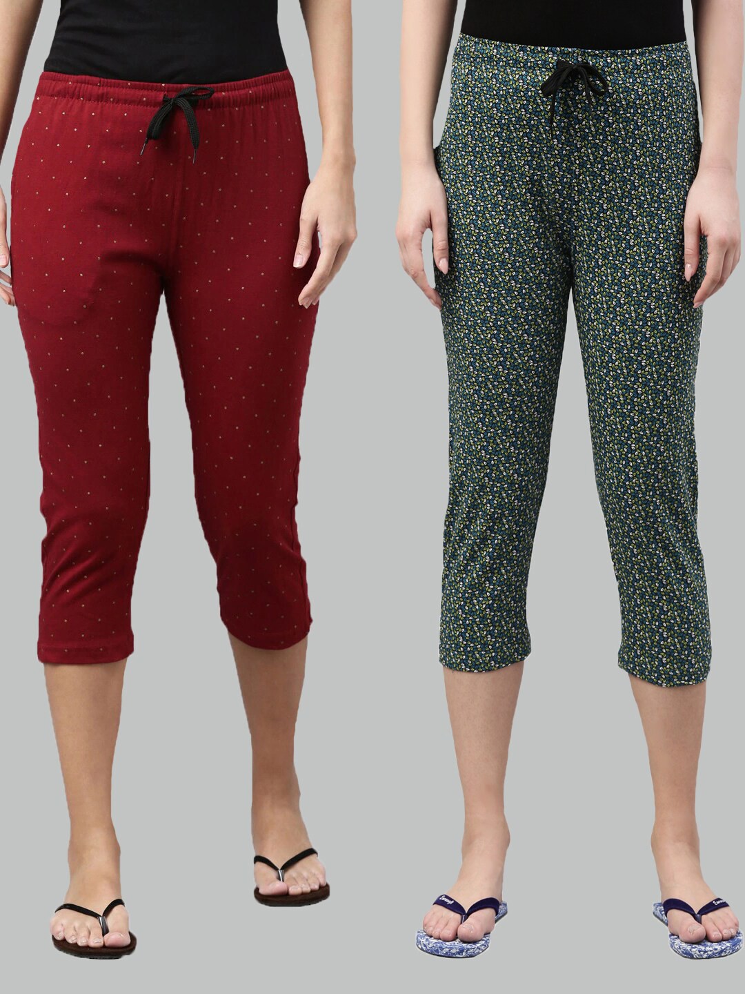 

Kryptic Women Maroon & Green Pack Of 2 Printed Capris