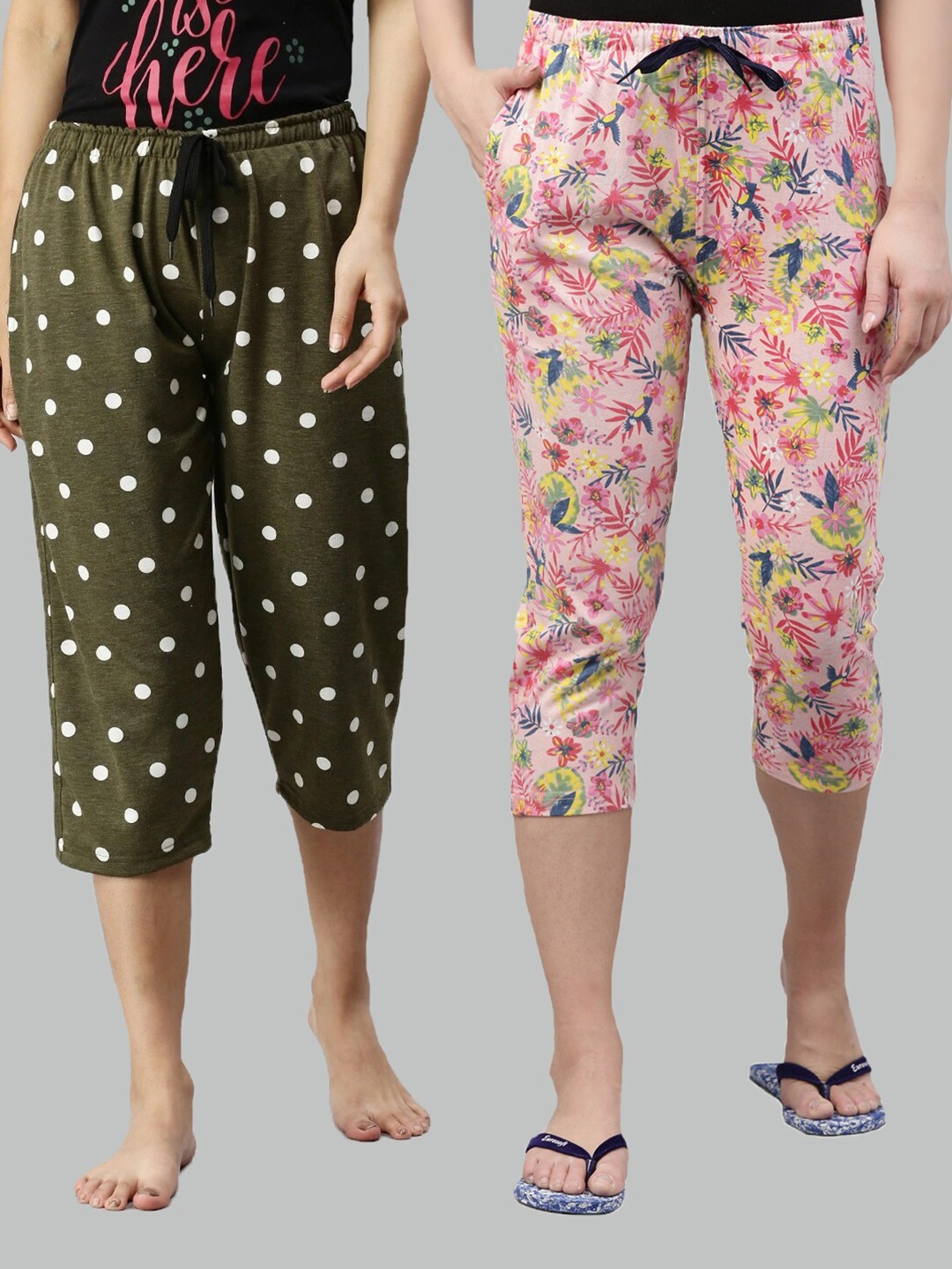 

Kryptic Women Pack of 2 Green & Pink Printed Capris