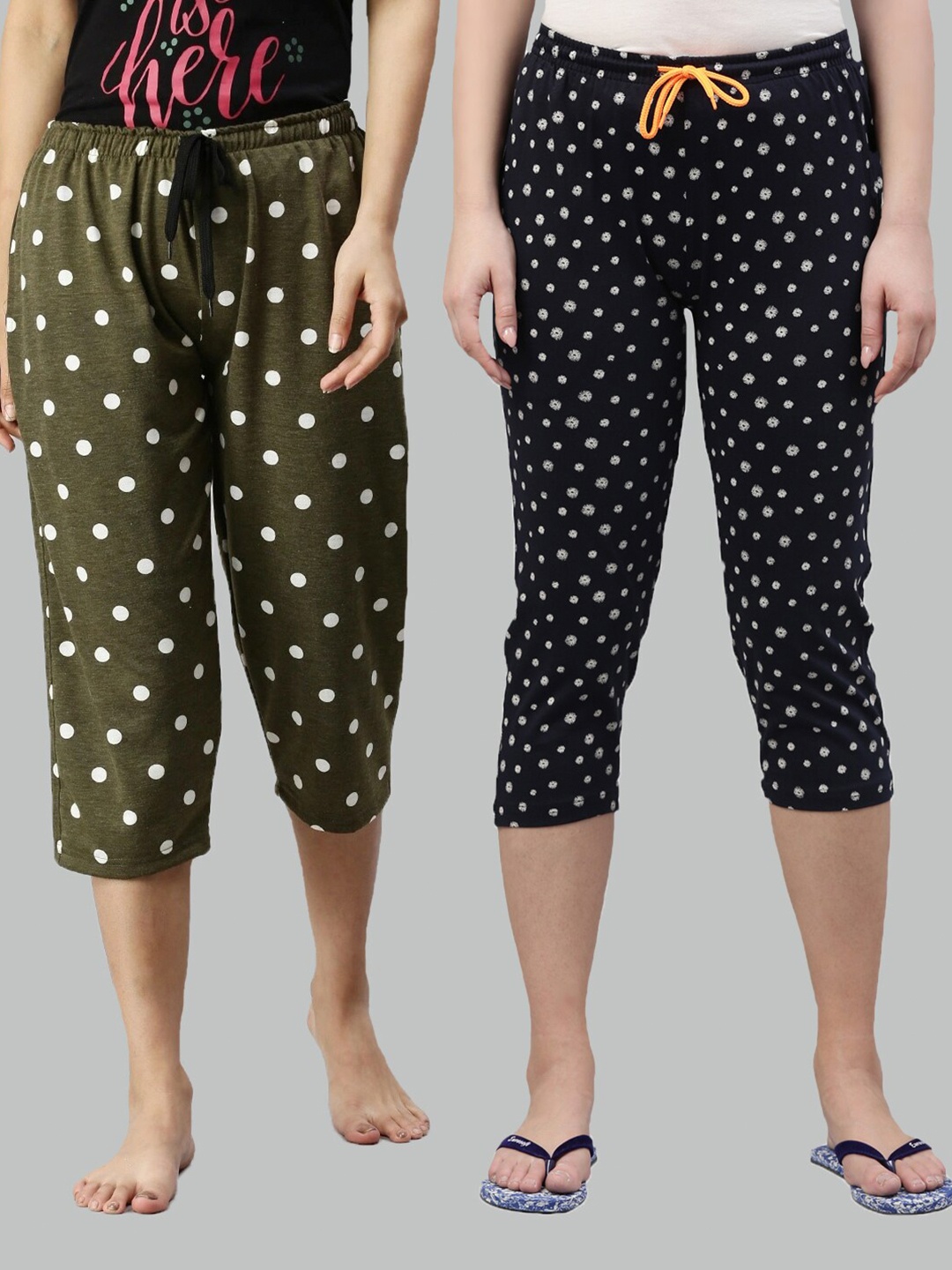 

Kryptic Women Olive Green & Navy Blue Set of 2 Printed Cotton Capris