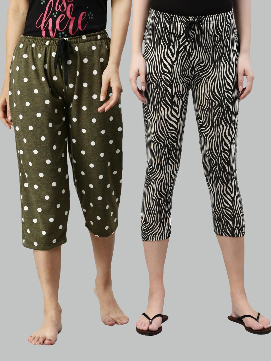

Kryptic Women Pack Of 2 Green & Black Printed Cotton Capris