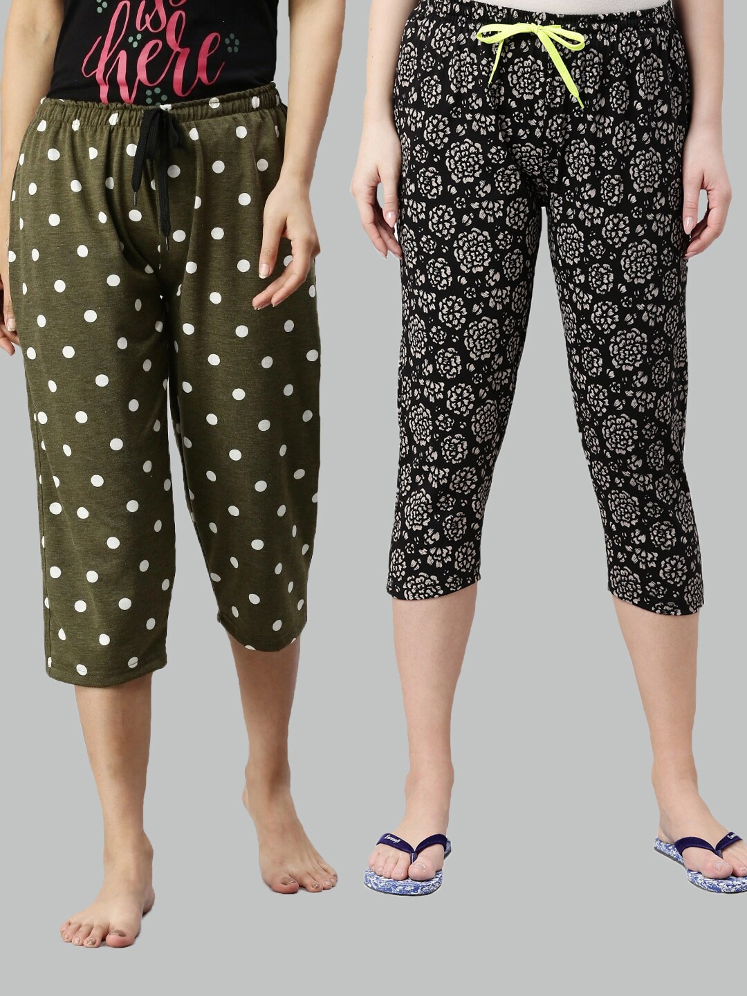 

Kryptic Women Pack of 2 Green & Black Printed Pure Cotton Capris