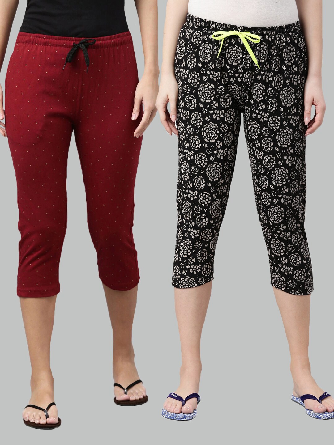 

Kryptic Women Maroon & Black Printed Pure Cotton Capris Pack Of 2