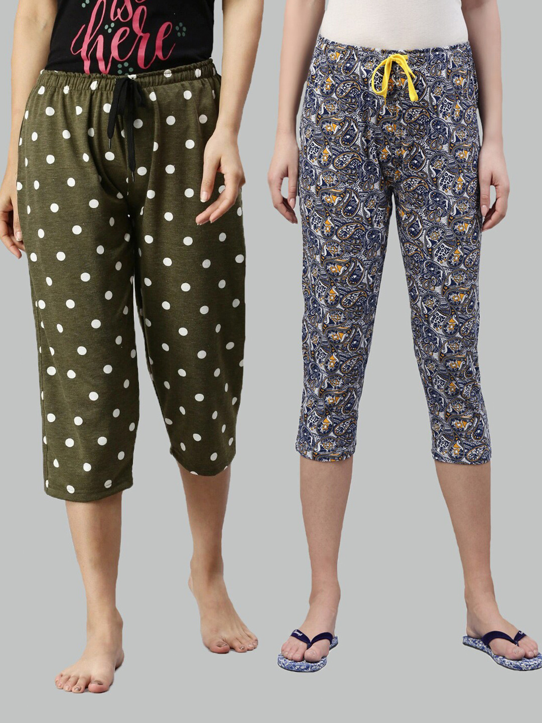 

Kryptic Women Pack of 2 Olive Green & Blue Printed Pure Cotton Capris