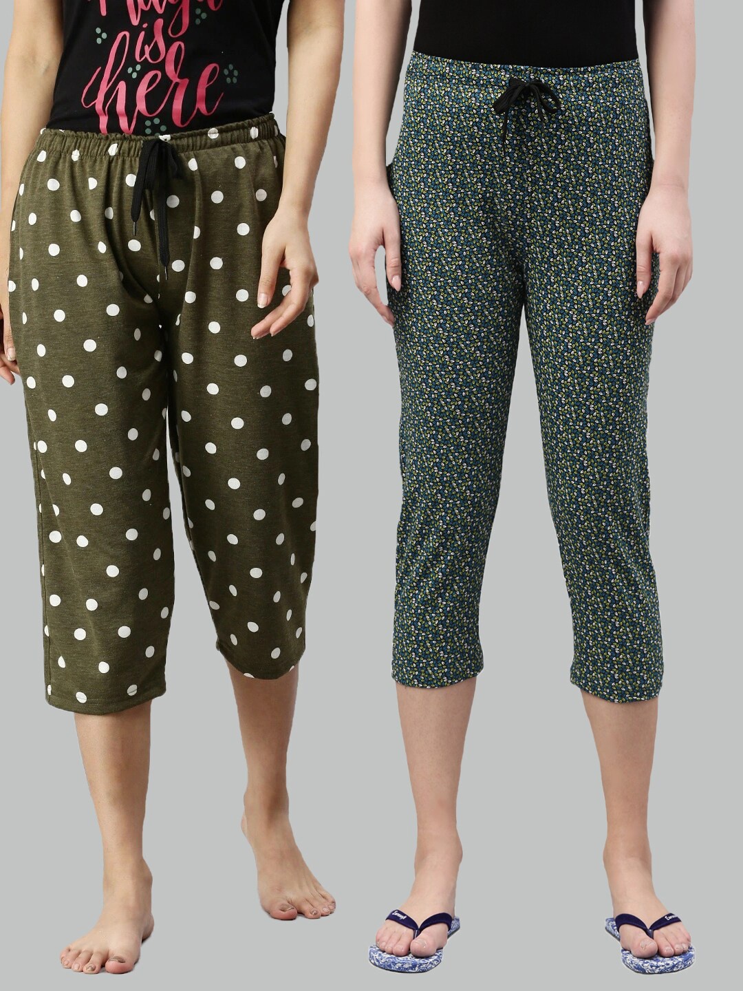 

Kryptic Women Set Of 2 Green Regular Fit Printed Cotton Capris