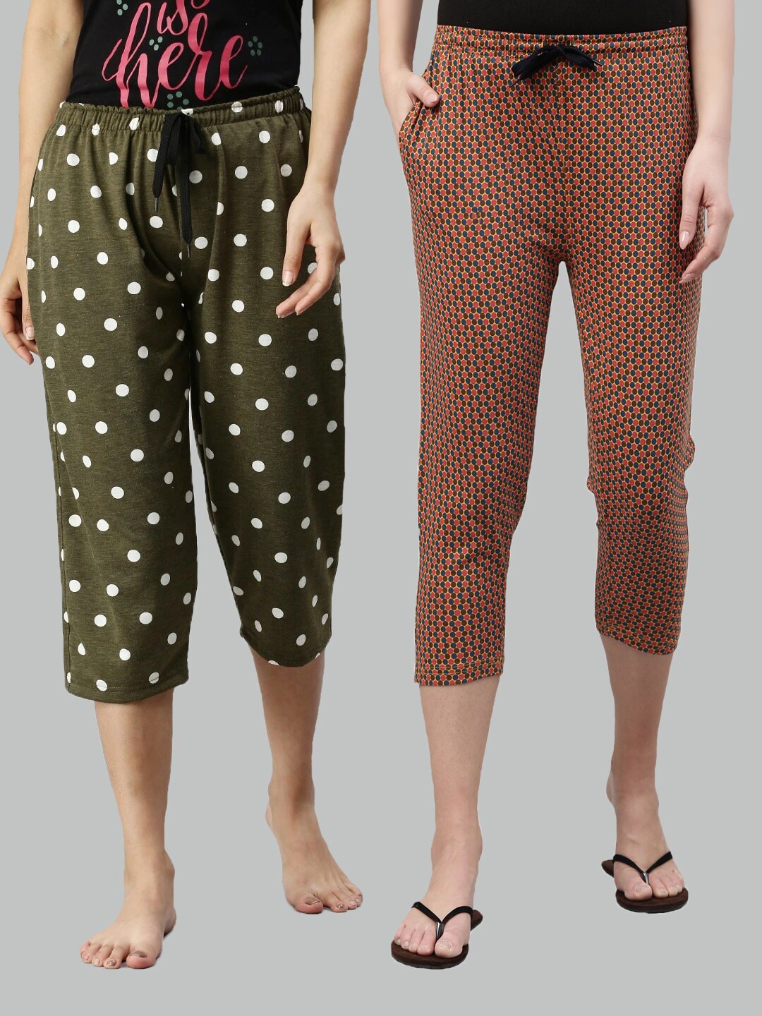 

Kryptic Women Pack of 2 Green & Mustard Printed Capris