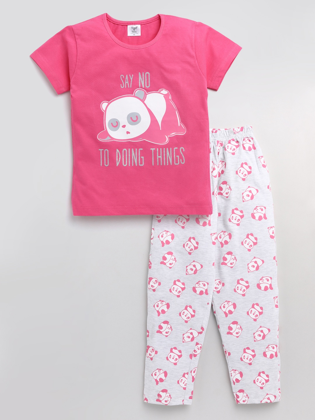 

Todd N Teen Girls Pink & Grey Melange Printed Cotton Night suit