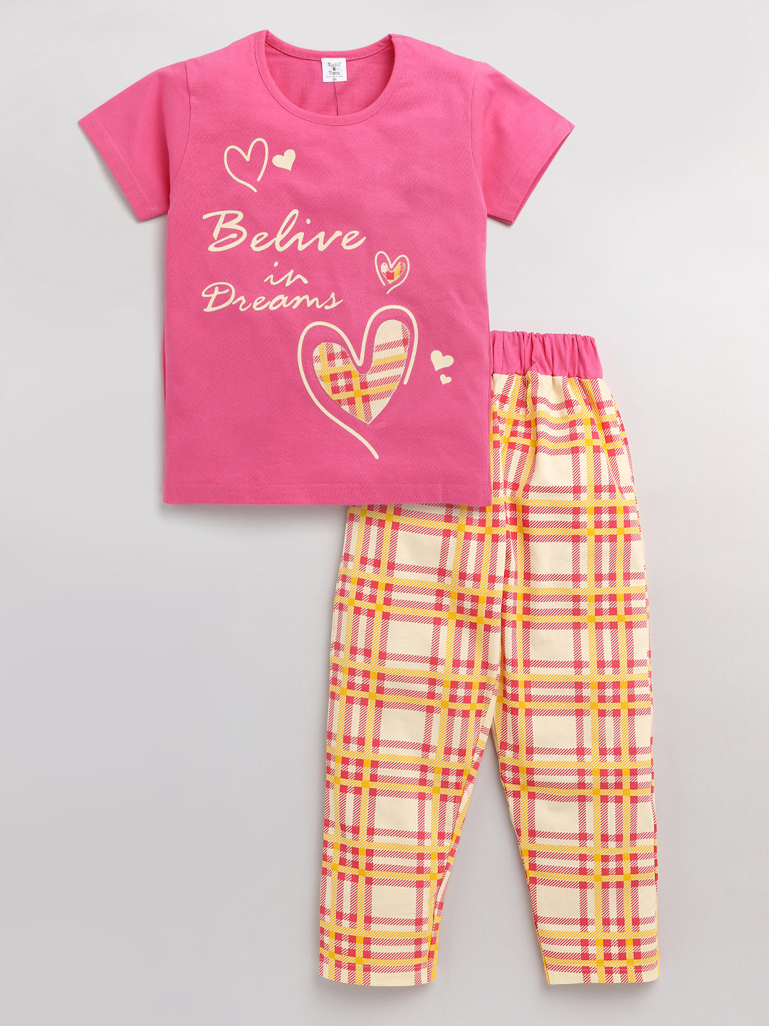 

Todd N Teen Girls Pink & Yellow Printed Cotton Night suit