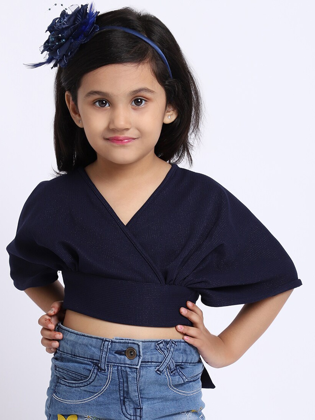 

ELEVANTO Girls Navy Blue Styled Back Crop Top