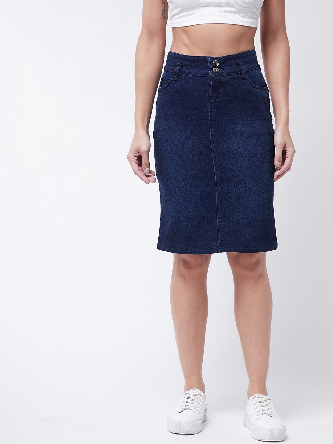 

Purple Feather Women Navy Blue Solid Knee-Length Pencil Skirt