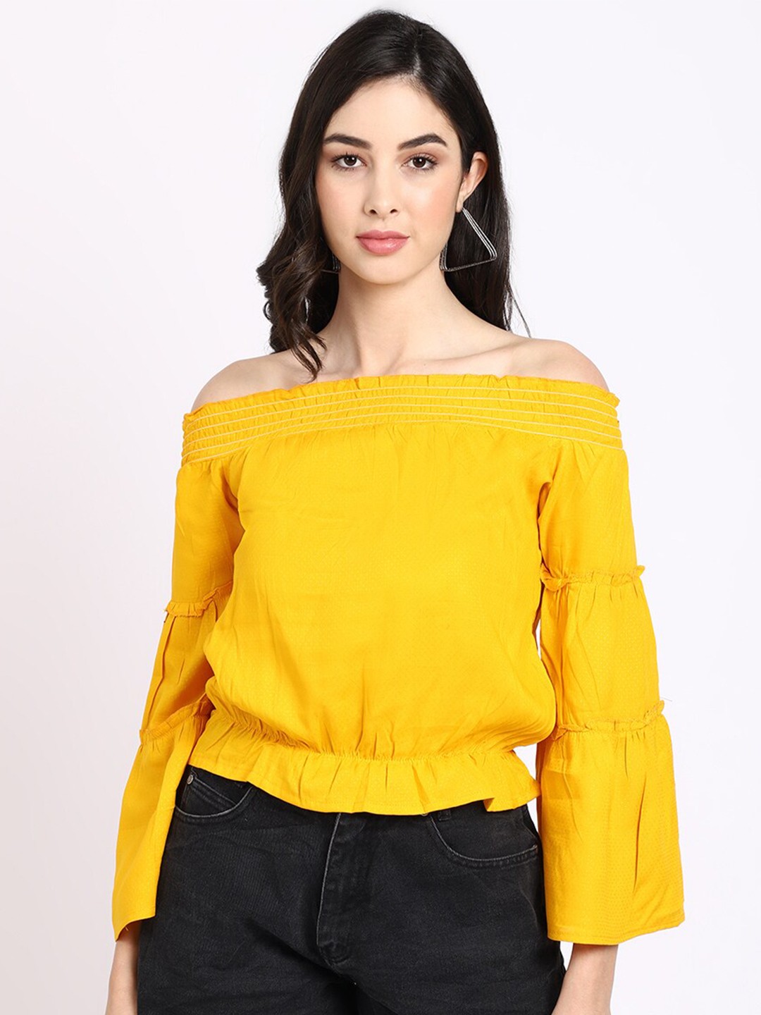 

ELEVANTO Yellow Off-Shoulder Bardot Top