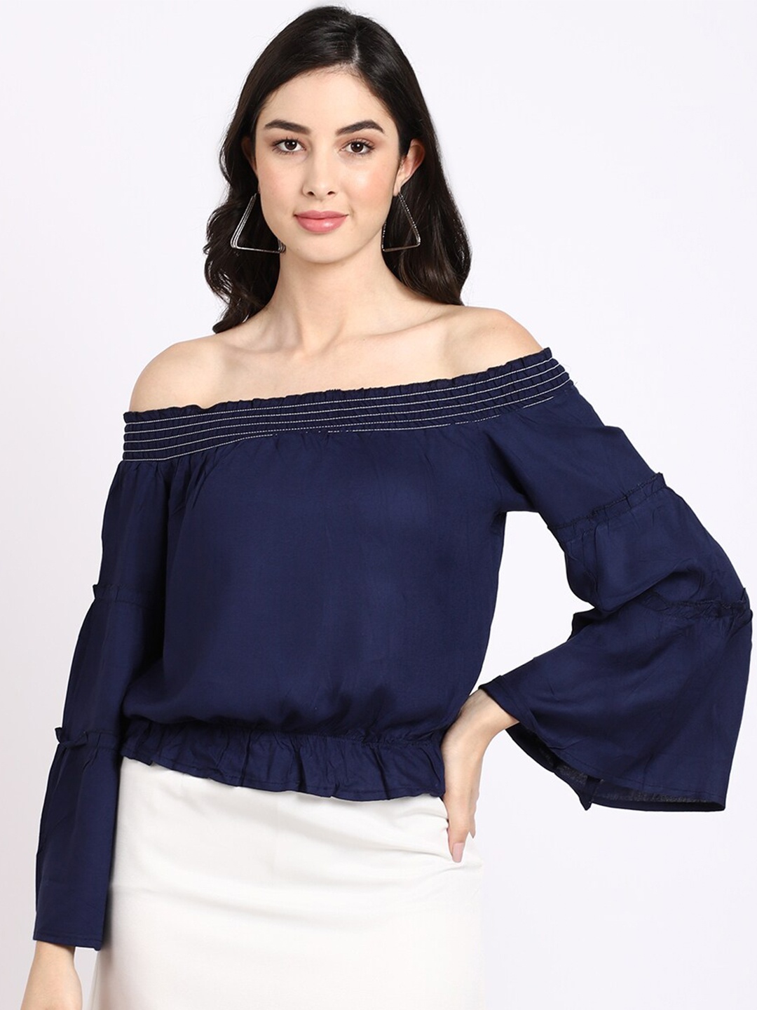 

ELEVANTO Navy Blue Off-Shoulder Bardot Top