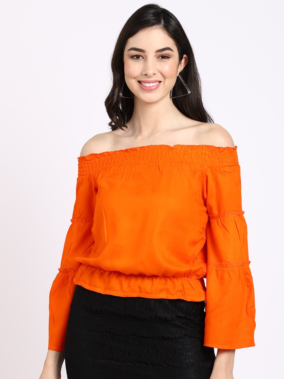 

ELEVANTO Orange Solid Off-Shoulder Bardot Top