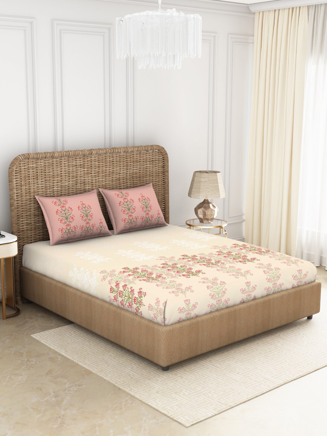 

SPACES Beige & Pink 144 TC Pure Cotton Fitted Queen Bedsheet with 2 Pillow Covers