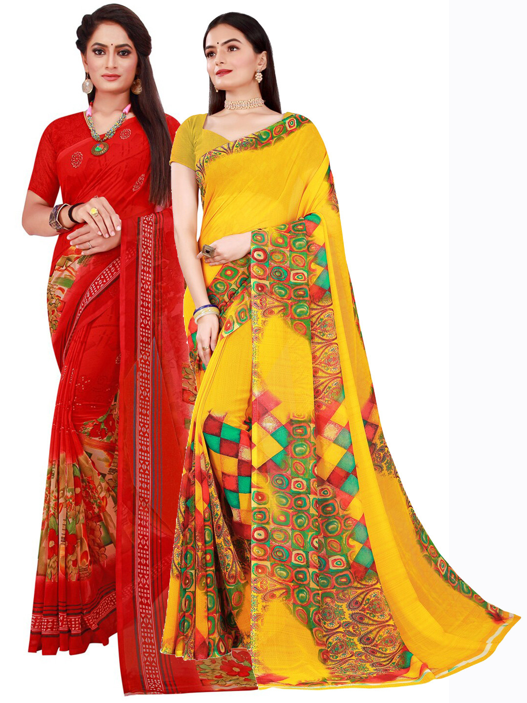 

Florence Red & Yellow Set Of 2 Floral Pure Georgette Saree