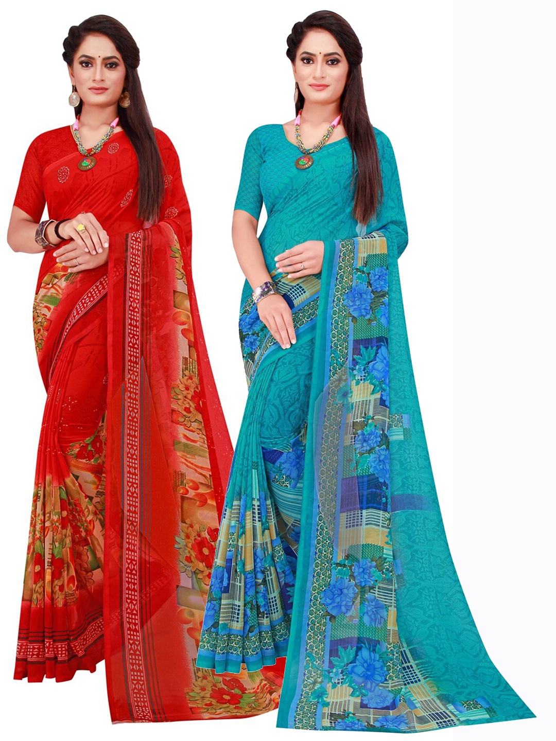 

Florence Turquoise Blue & Red Set Of 2 Floral Pure Georgette Saree