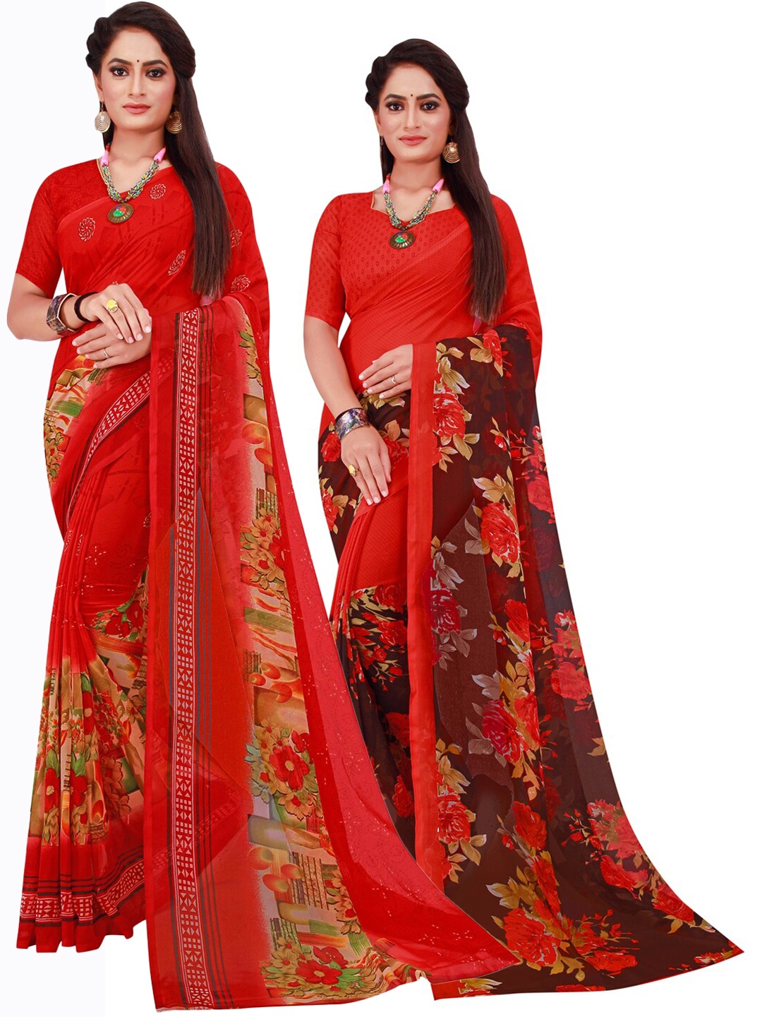 

Florence Red & Green Pack of 2 Floral Printed Pure Georgette Saree