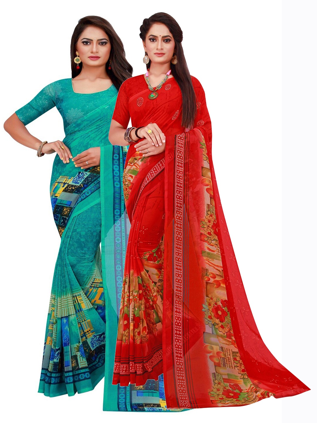 

Florence Turquoise Blue & Red Floral Pure Georgette Saree