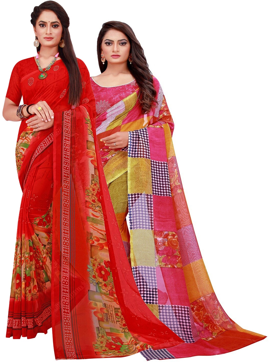 

Florence Pack Of 2 Red & Pink Floral Pure Georgette Saree