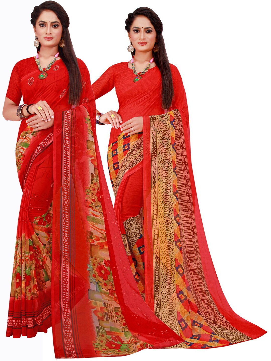 

Florence Red & Orange Pack of 2 Floral Printed Pure Georgette Saree