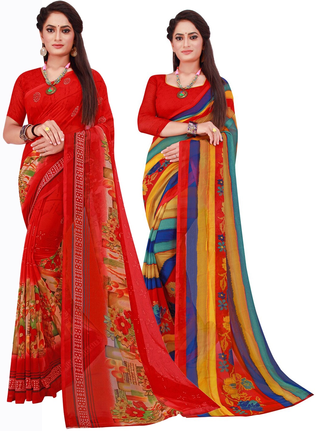 

Florence Pack Of 2 Red & Yellow Pure Georgette Saree