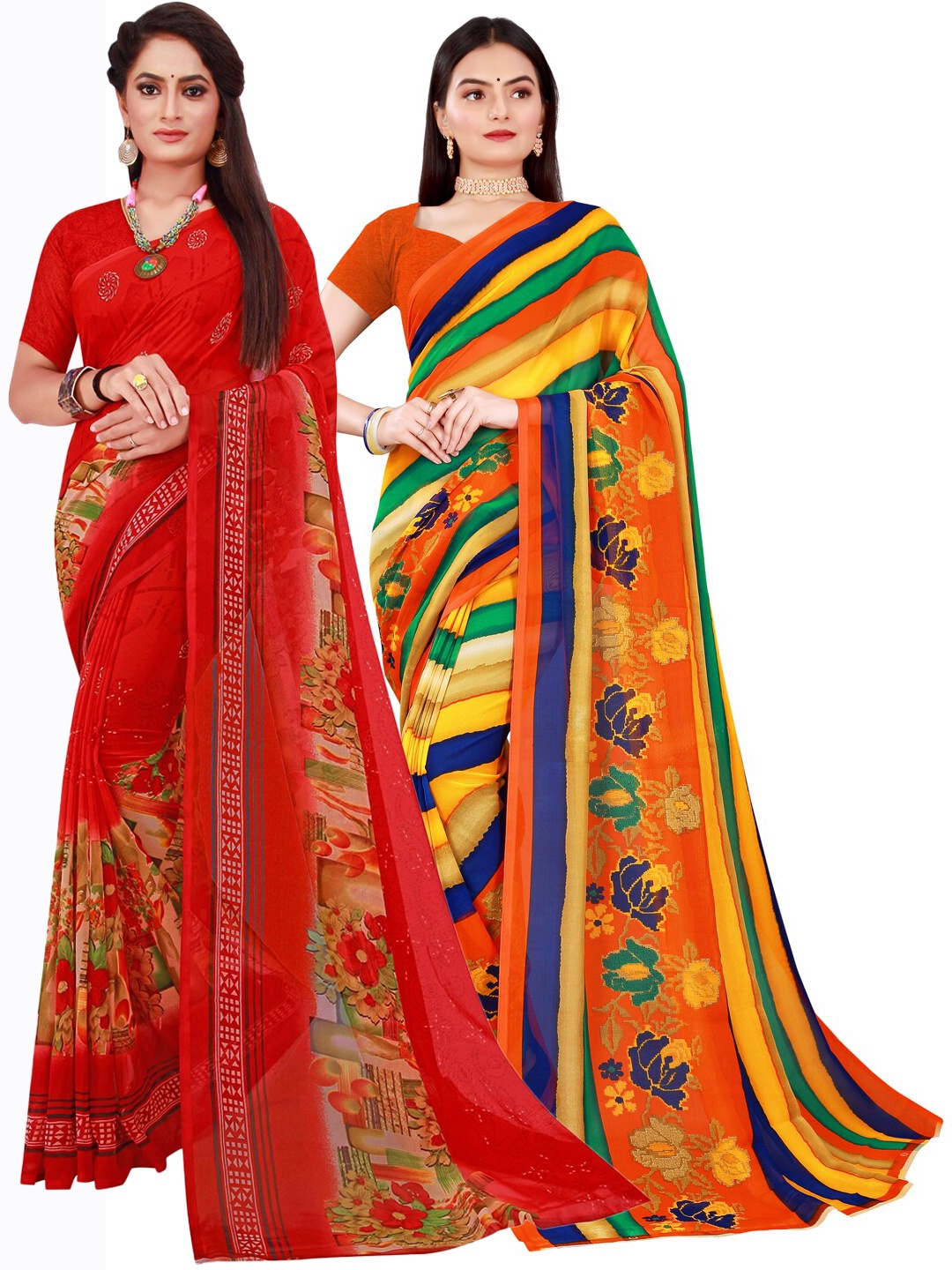 

Florence Pack Of 2 Yellow & Red Pure Georgette Saree