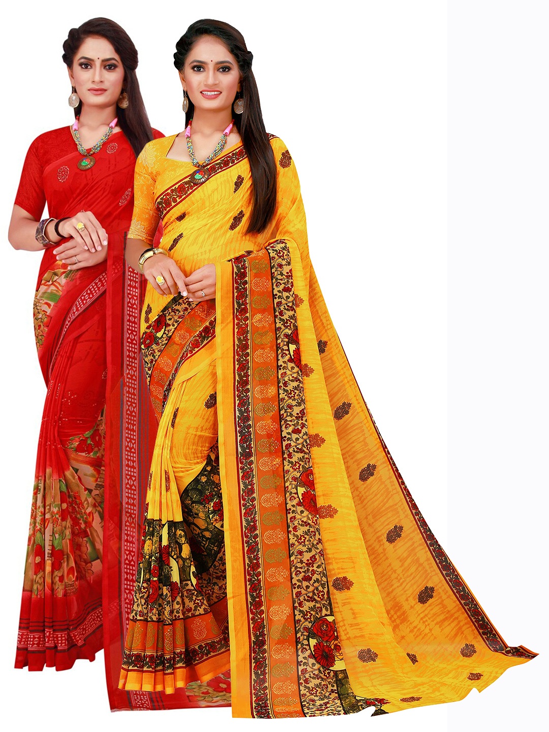 

Florence Red & Yellow Pack of 2 Floral Printed Pure Georgette Saree