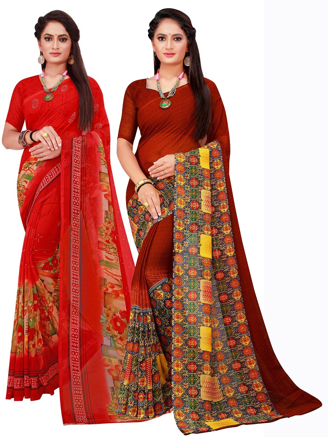 

Florence Pack Of 2 Red & Maroon Pure Georgette Saree