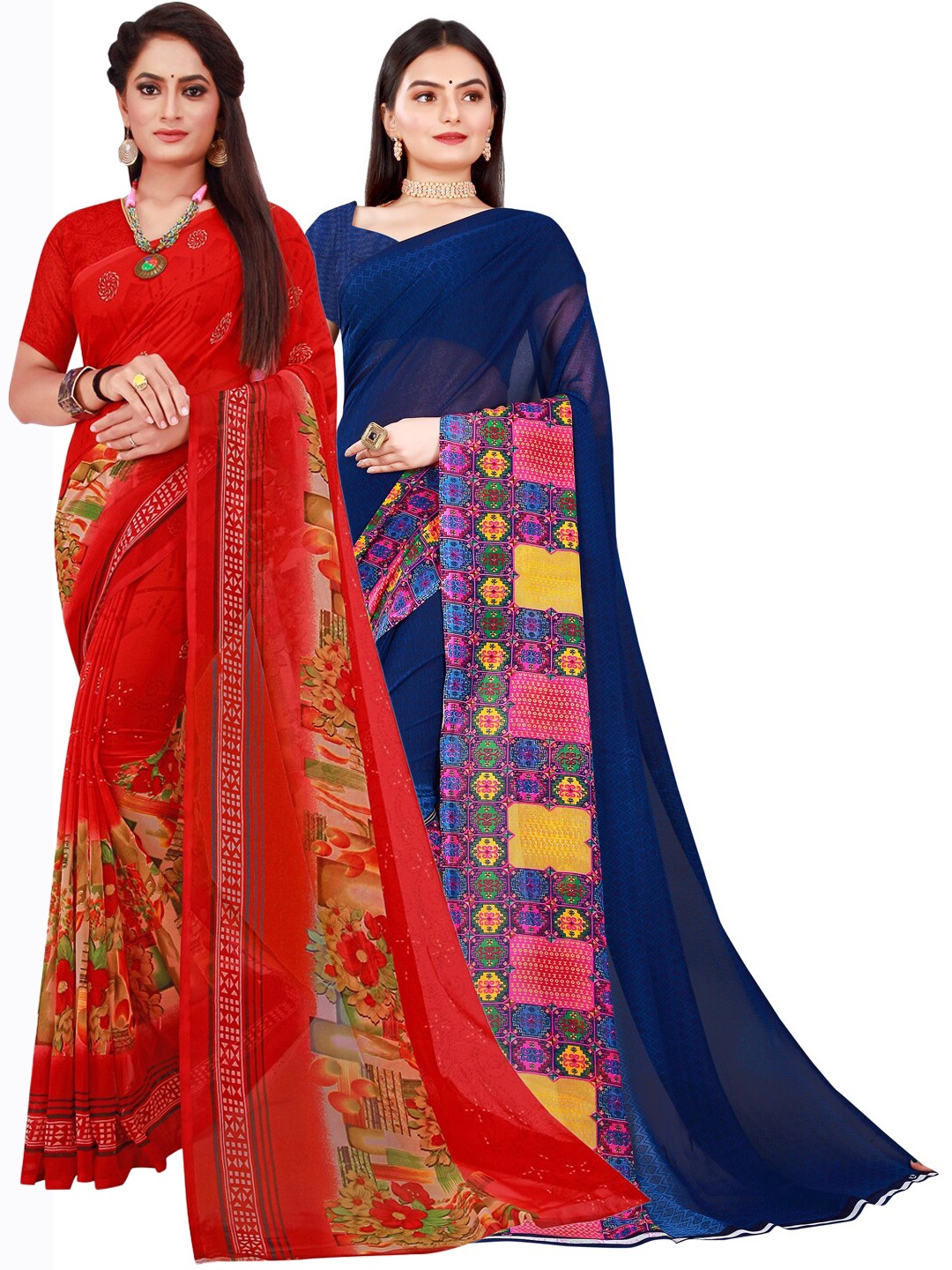 

Florence Pack Of 2 Red & Navy Blue Pure Georgette Saree