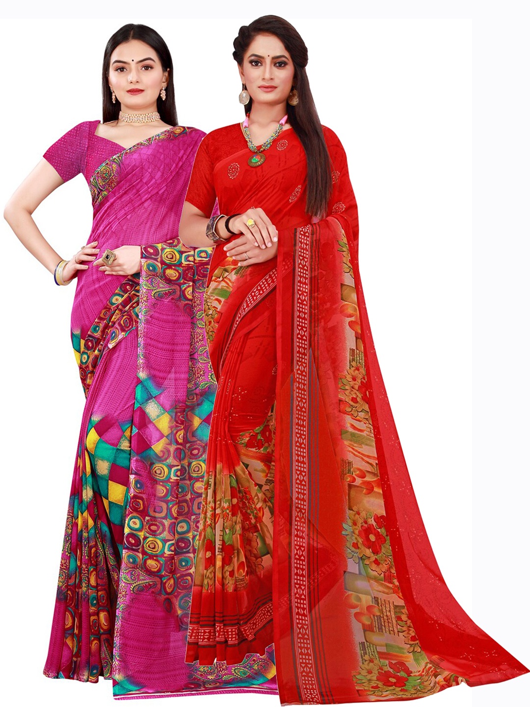 

Florence Pink & Red Pack of 2 Floral Printed Pure Georgette Saree