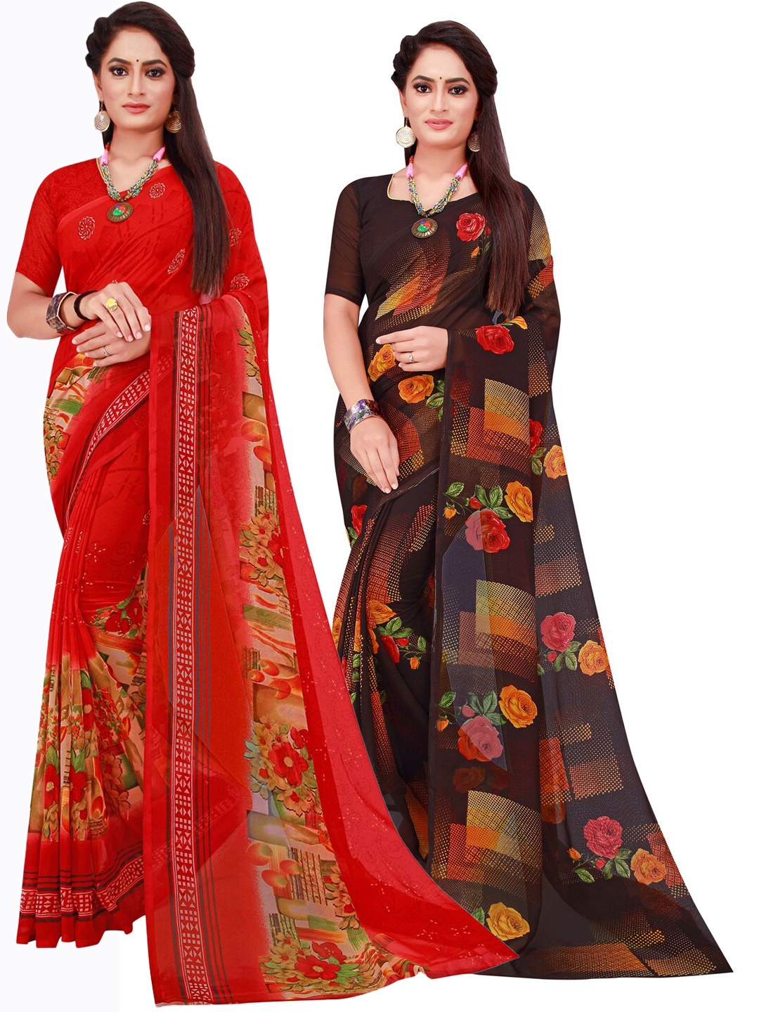 

Florence Red & Black Set Of 2 Floral Pure Georgette Saree
