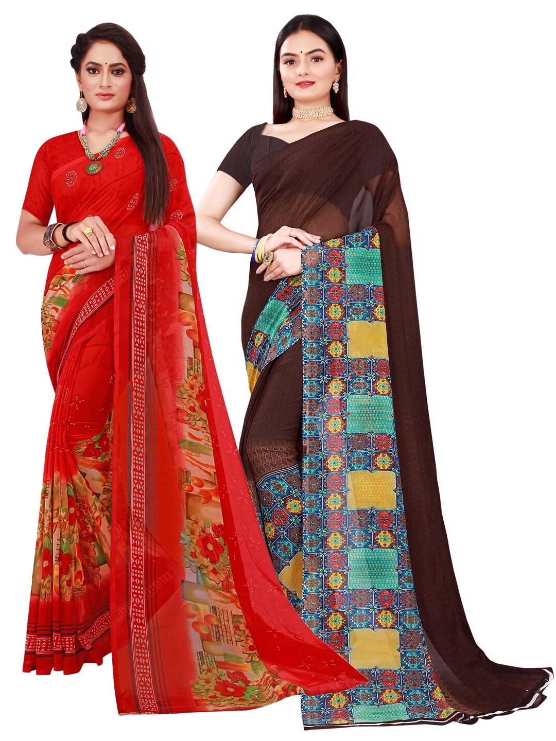 

Florence Pack Of 2 Brown & Red Pure Georgette Saree