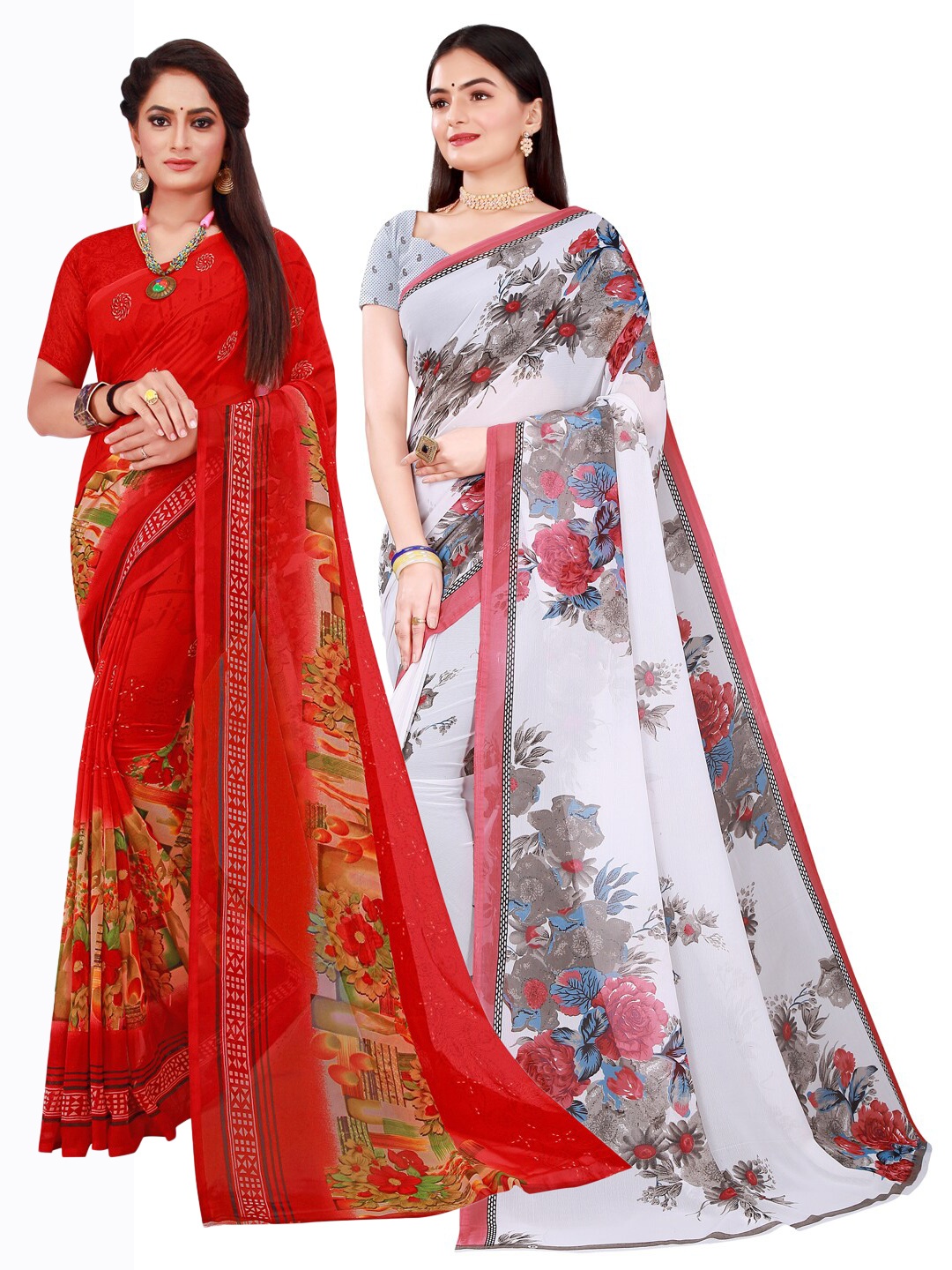 

Florence Red & White Set Of 2 Floral Pure Georgette Saree