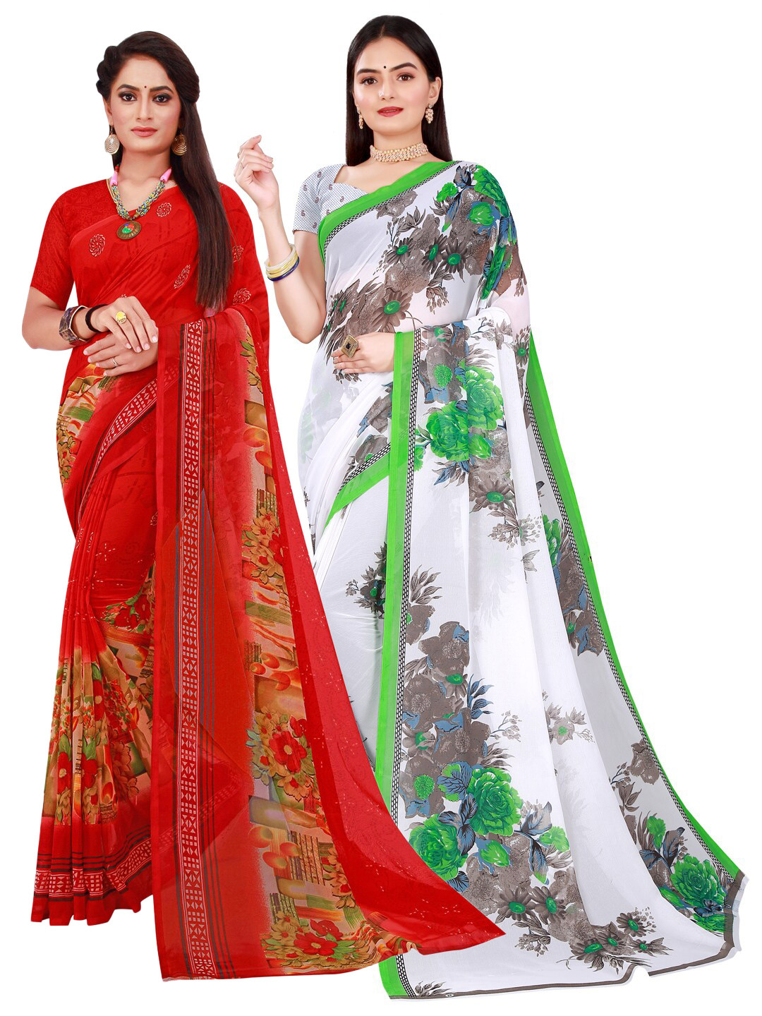 

Florence Pack Of 2 Red & White Floral Pure Georgette Saree