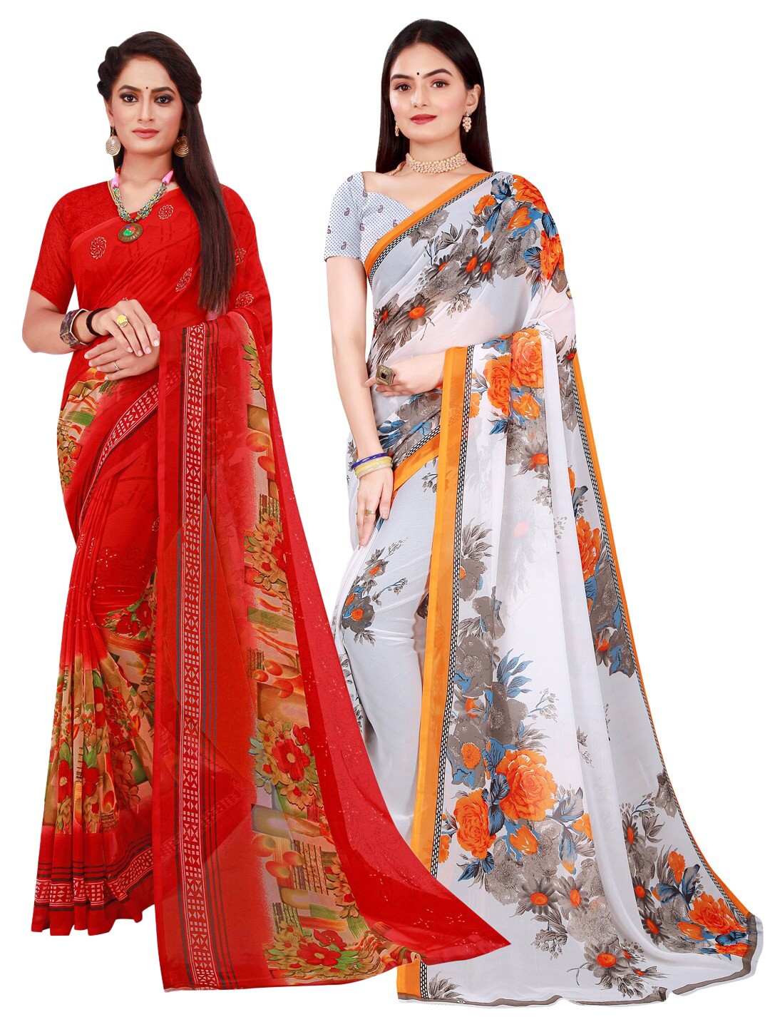 

Florence Pack Of 2 Red & White Pure Georgette Saree