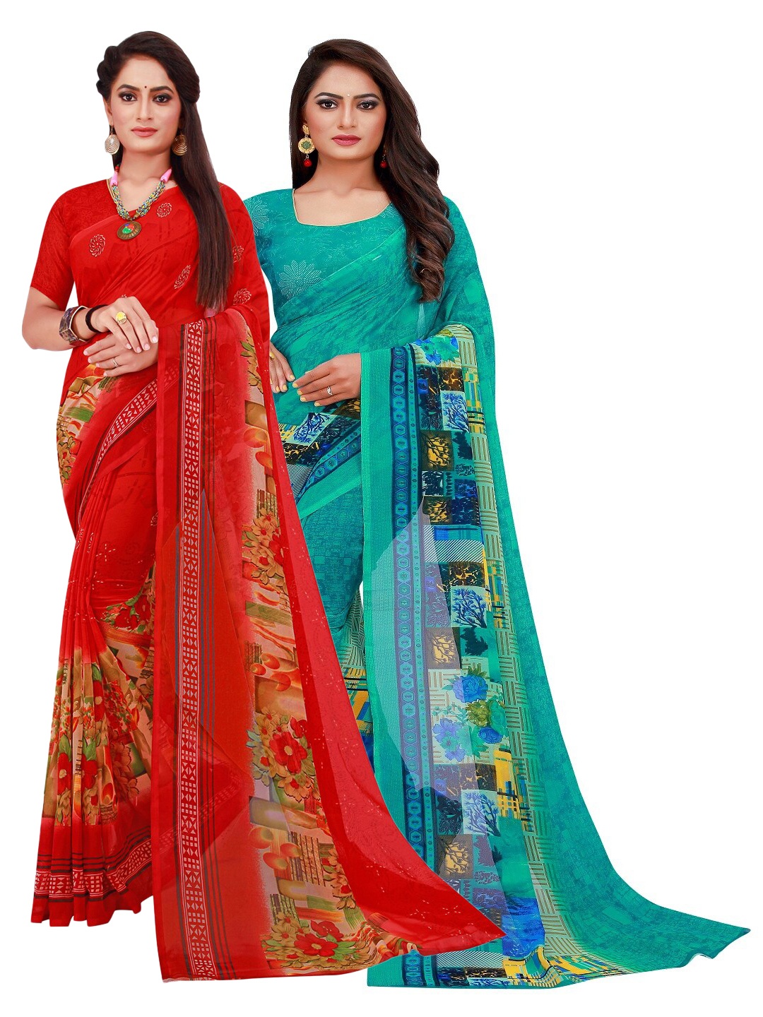 

Florence Turquoise Blue & Red Pack of 2 Floral Printed Pure Georgette Saree