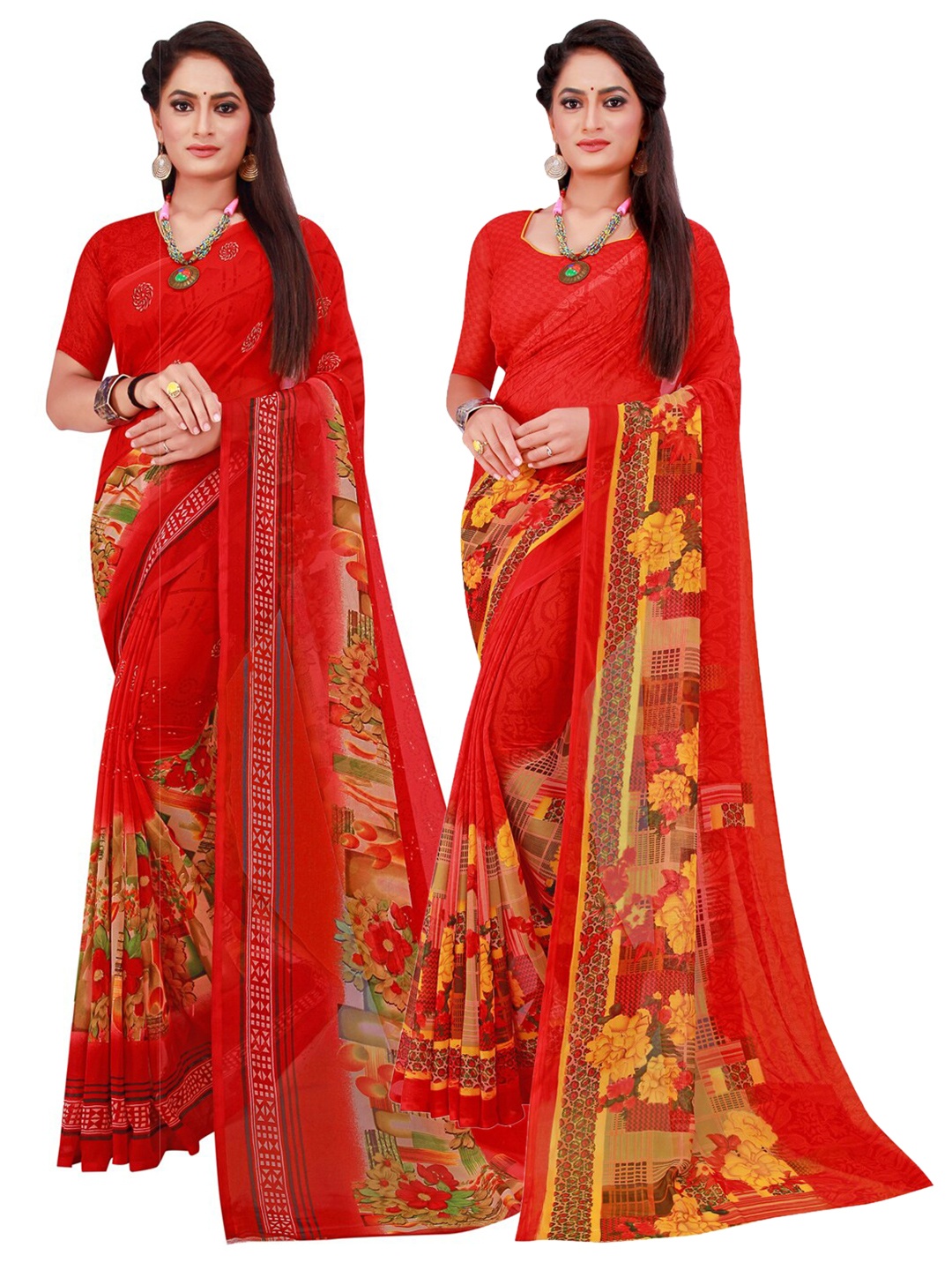 

Florence Red & Yellow Set Of 2 Floral Pure Georgette Saree