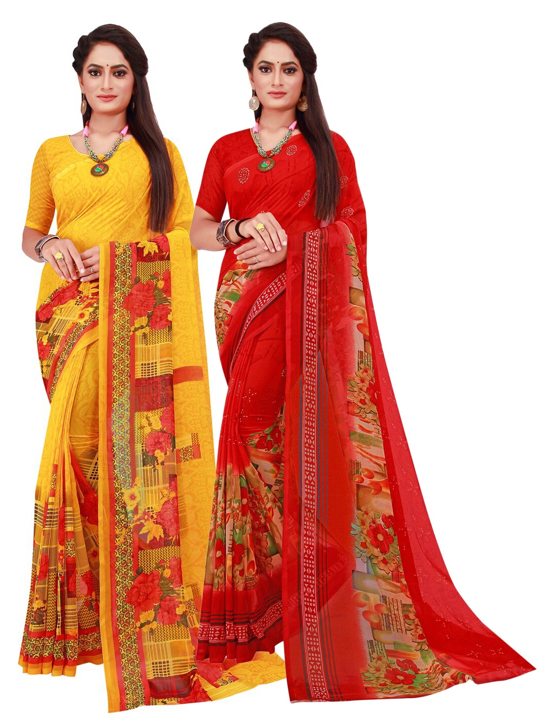 

Florence Pack Of 2 Yellow & Red Pure Georgette Saree