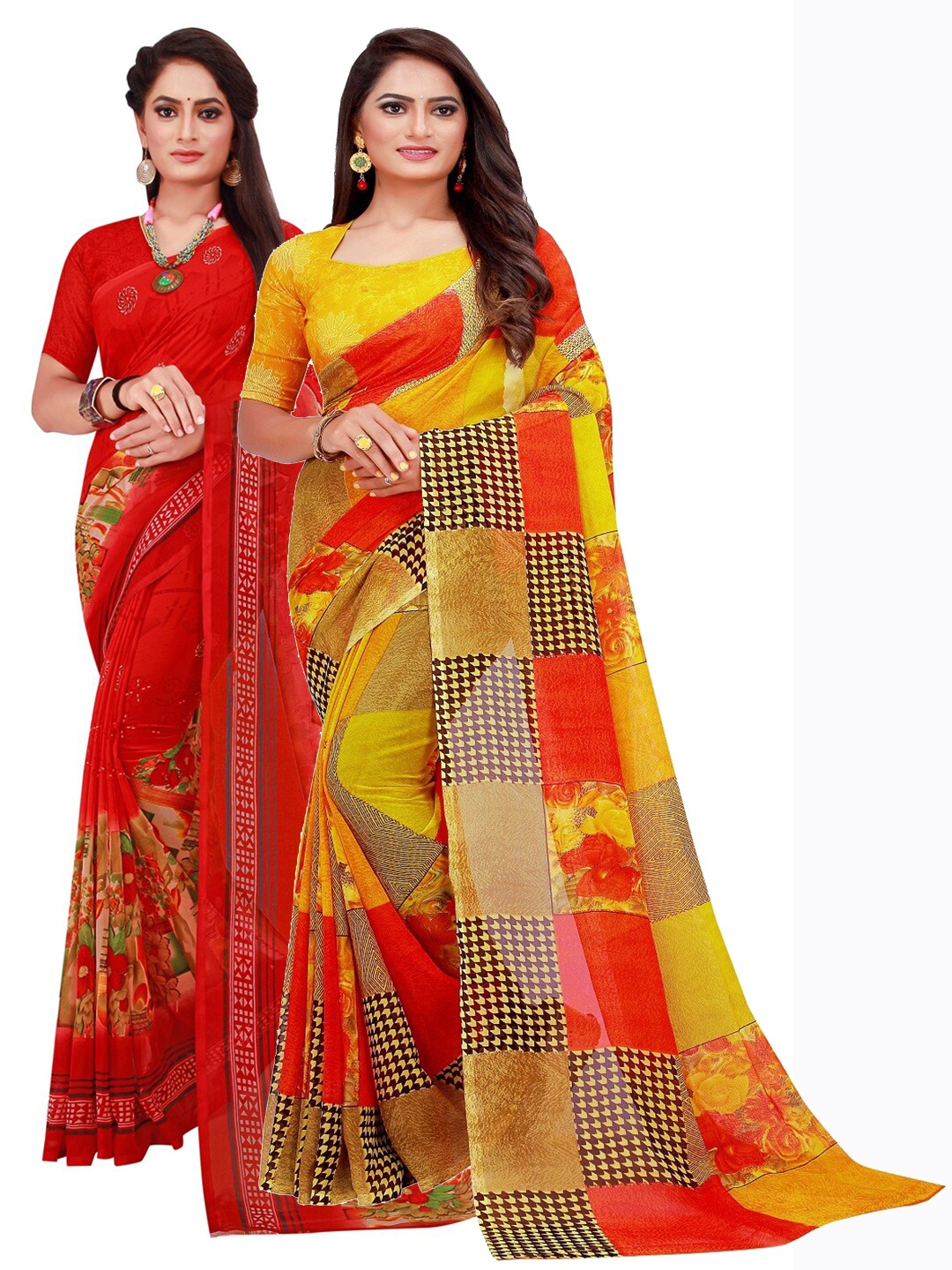 

Florence Red & Yellow Set Of 2 Floral Pure Georgette Saree