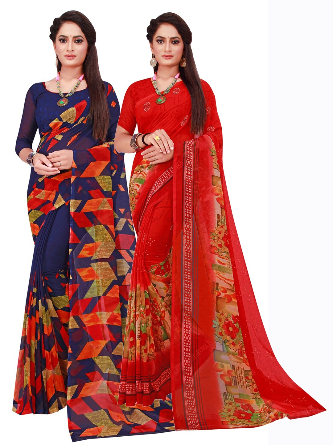 

Florence Navy Blue & Red Set Of 2 Floral Pure Georgette Saree