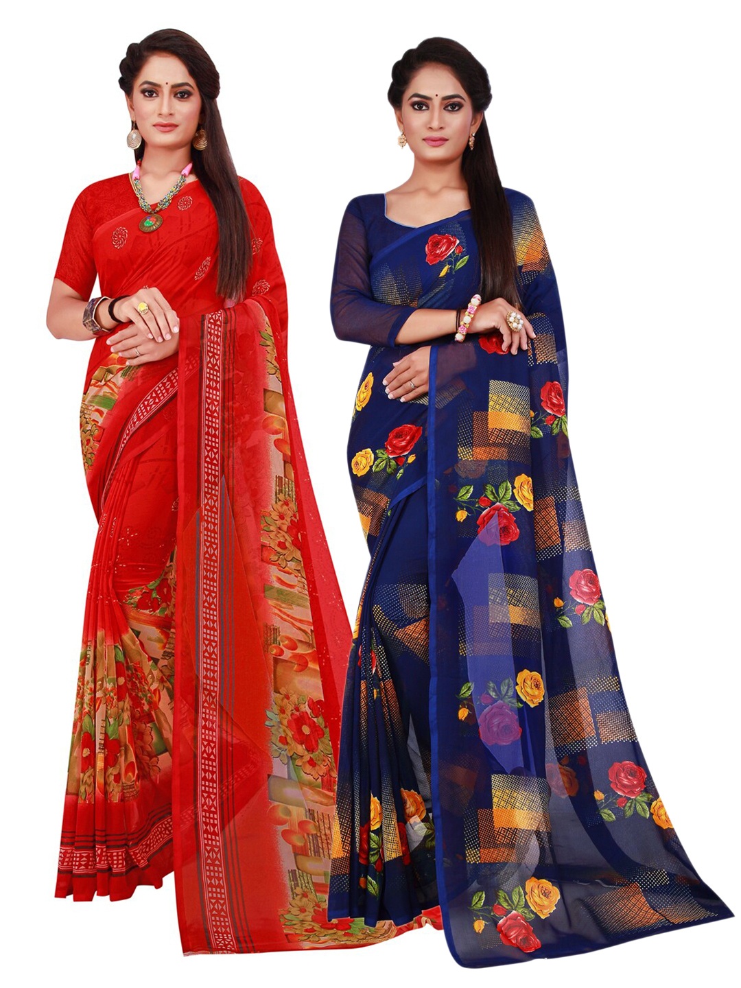 

Florence Red & Blue Pack of 2 Floral Printed Pure Georgette Saree