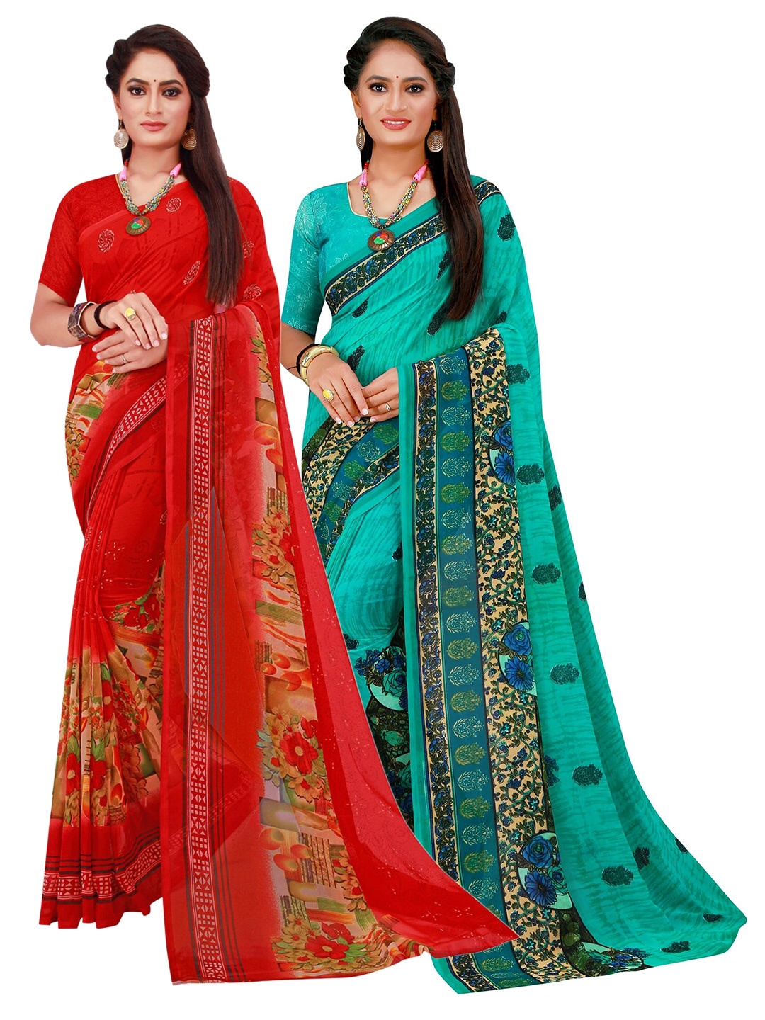 

Florence Pack Of 2 Red & Blue Floral Pure Georgette Saree