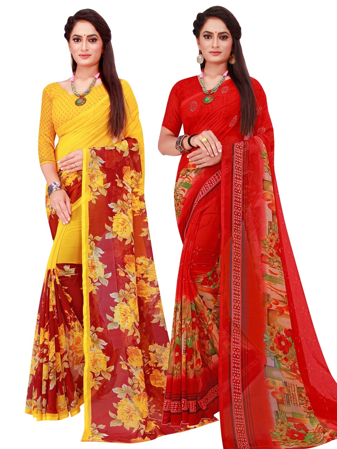 

Florence Pack Of 2 Red & Yellow Pure Georgette Saree