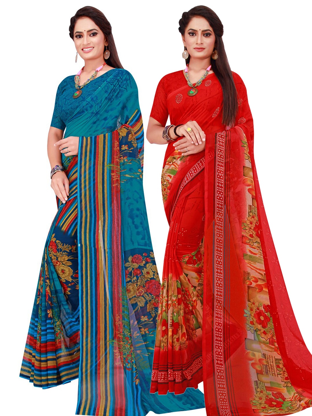 

Florence Pack Of 2 Red & Blue Pure Georgette Saree