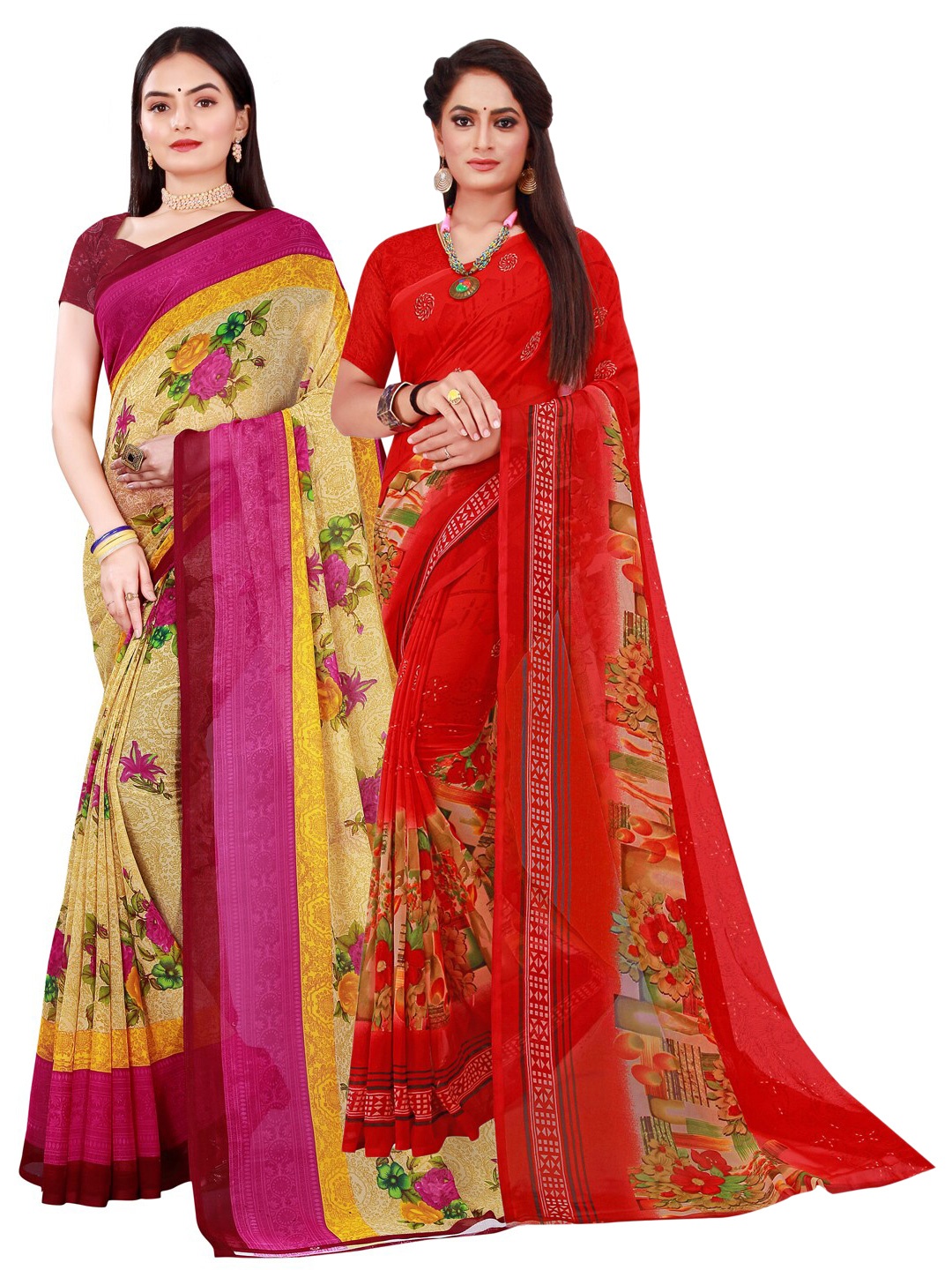 

Florence Beige & Pink Set Of 2 Floral Pure Georgette Saree
