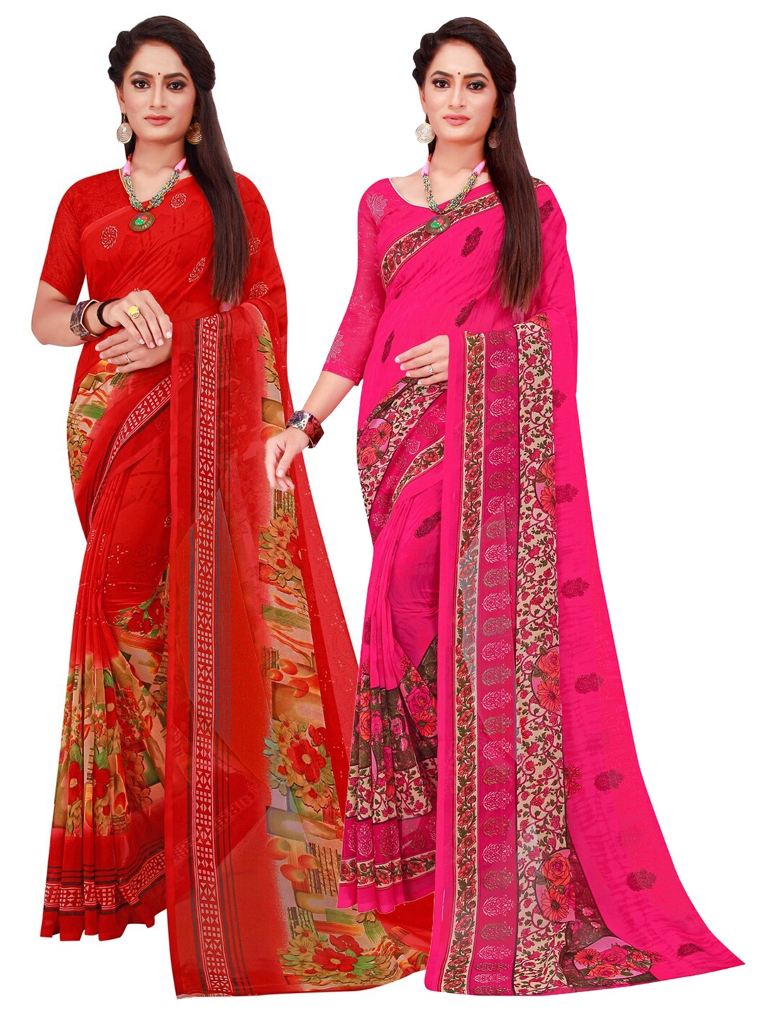 

Florence Red & Pink Pack of 2 Floral Printed Pure Georgette Saree