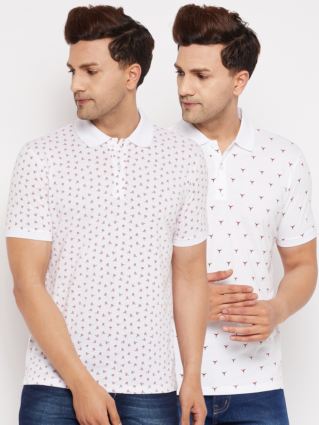 

WILD WEST Men White Set Of 2 Printed Polo Collar T-shirt