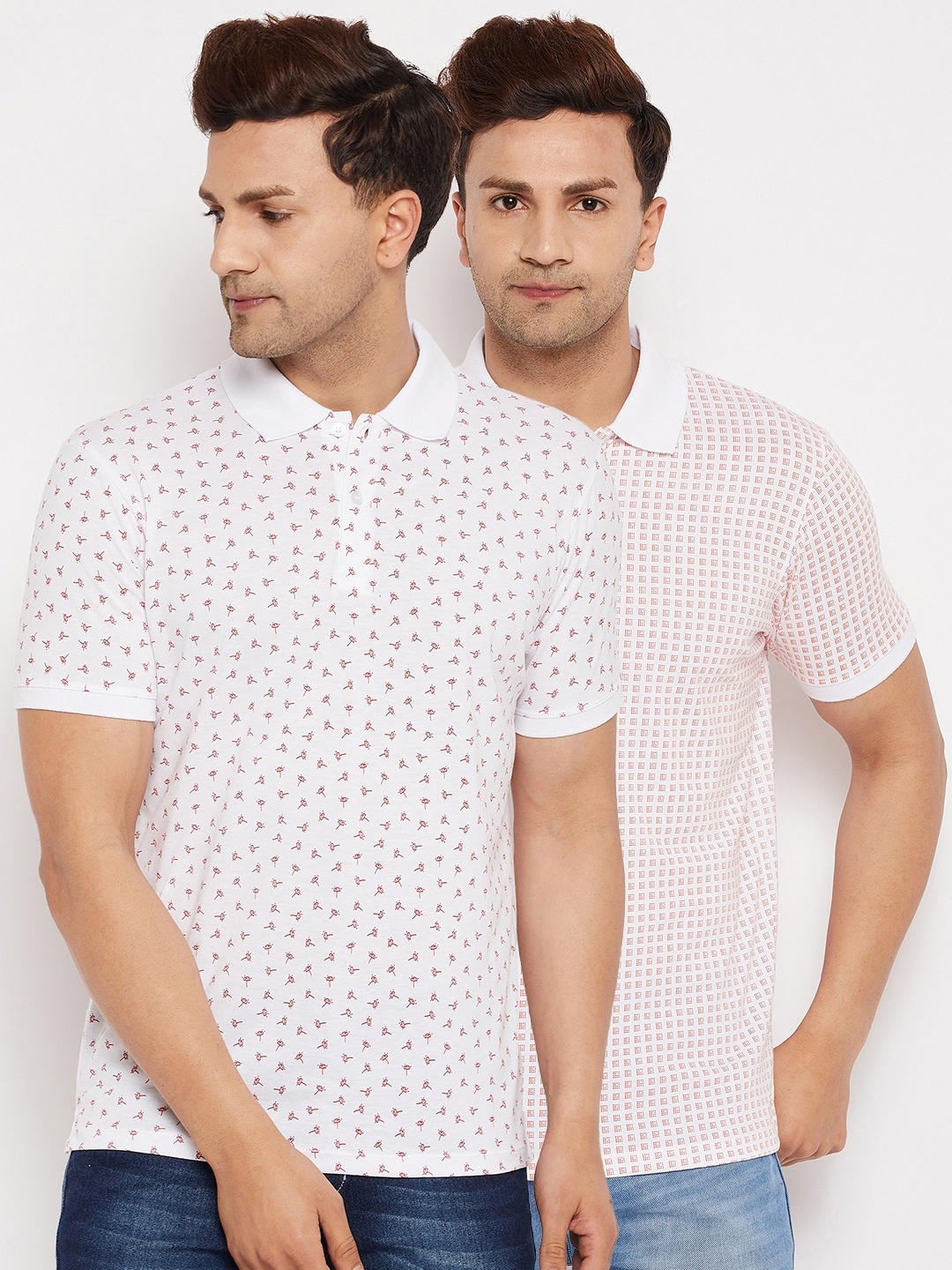 

WILD WEST Men White Set Of 2 Printed Polo Collar T-shirt