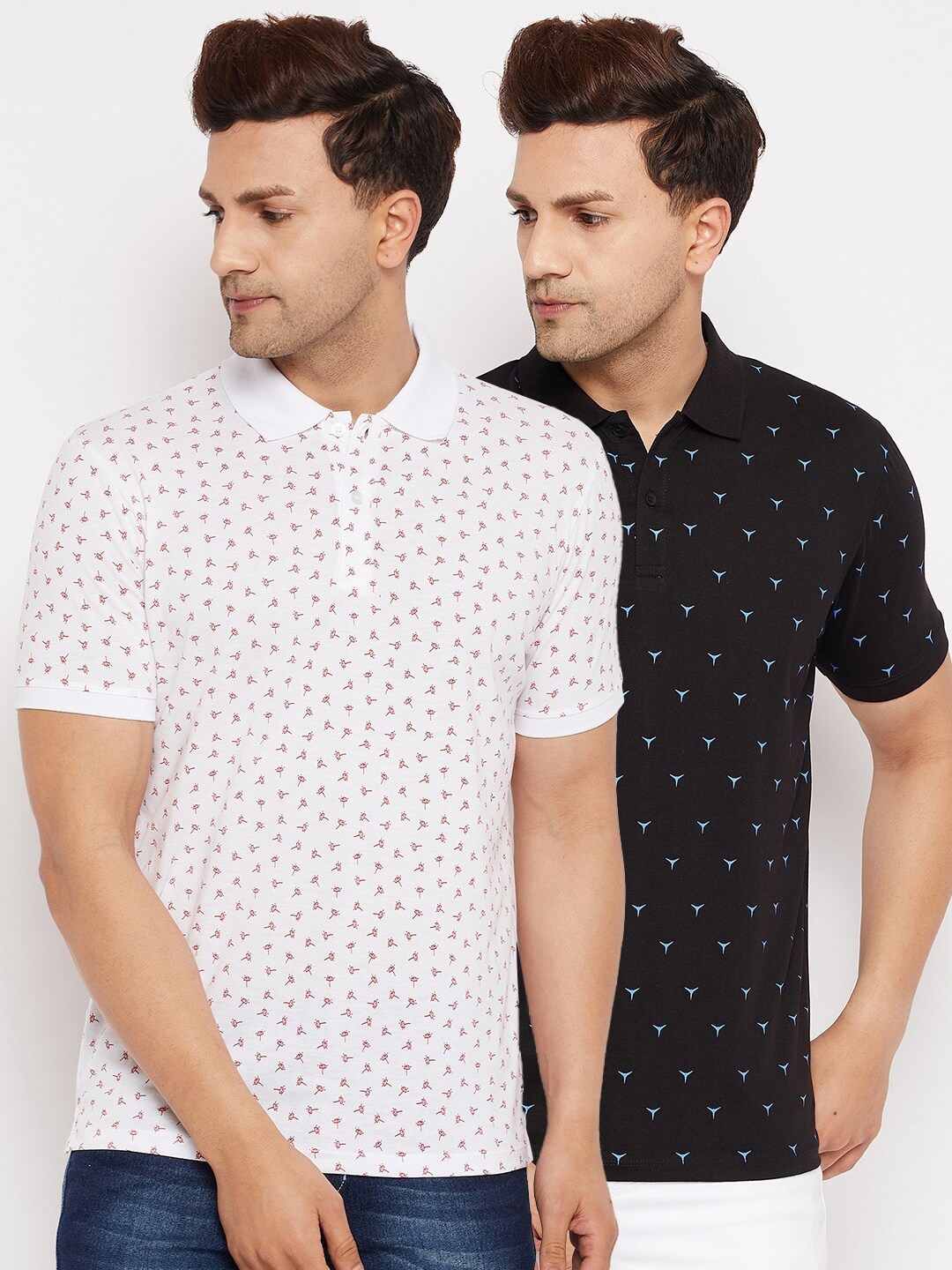 

WILD WEST Men White & Black Pack Of 2 Printed Polo Collar T-shirts